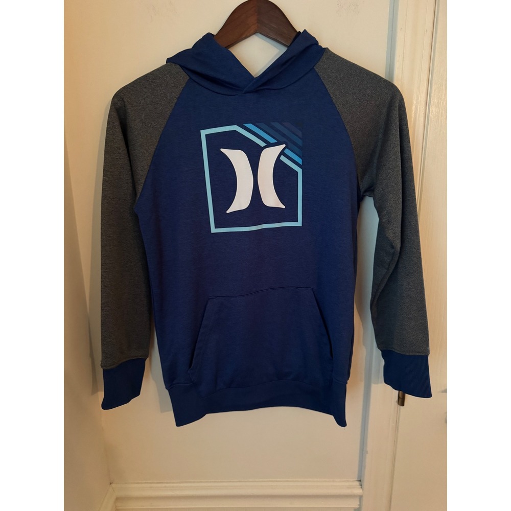 Hurley Kids Blue Gray Raglan H2O-Dri Graphic Logo Hoodie Sweatshirt Size 10/12